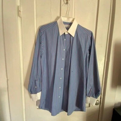 Ascot Chang Blue Shirt MJB 16? Dress White Green Red Stripe Long Sleeve Vintage - Image 1 of 4