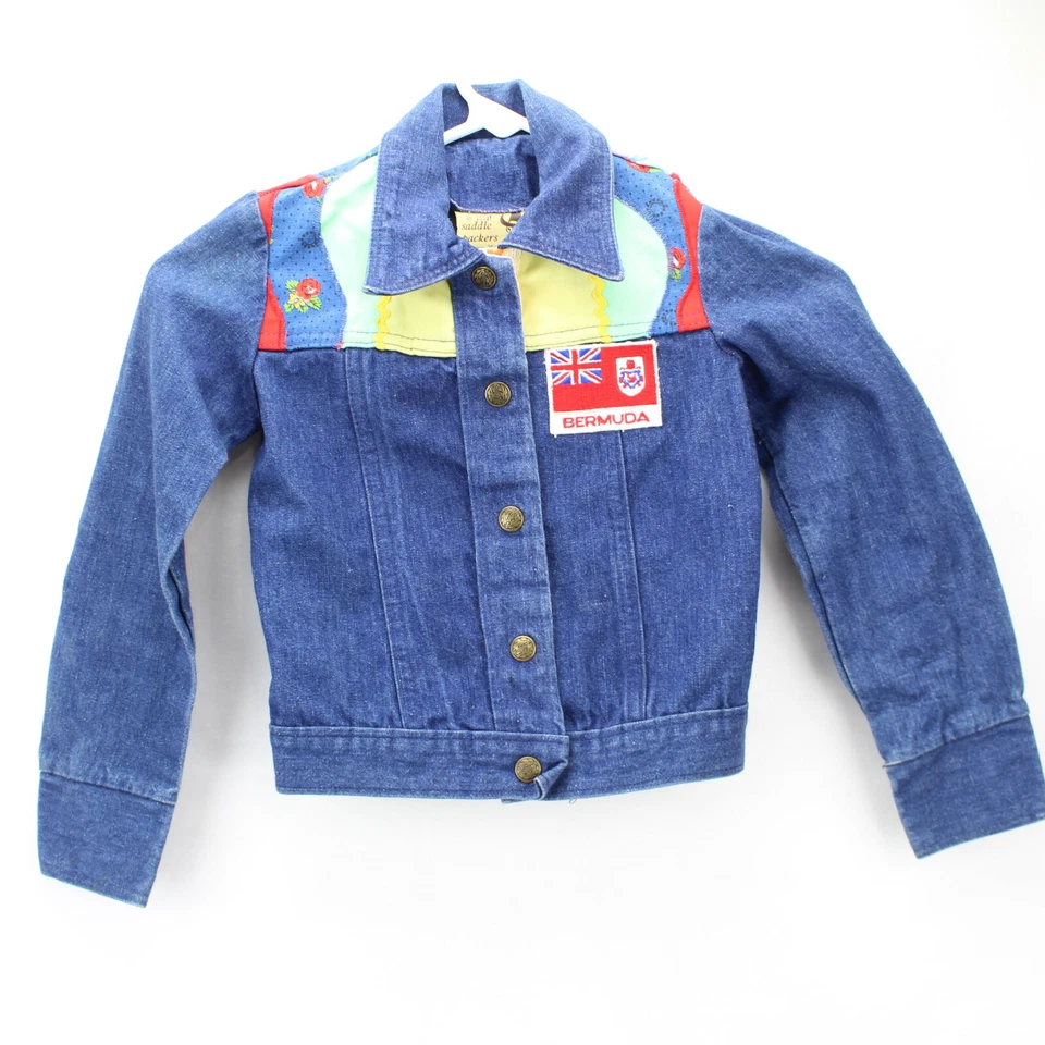 Saks Fifth Avenue Girls Denim Jacket Embroidered Patches  Bermuda Size 6 USA VTG - Image 1 of 4