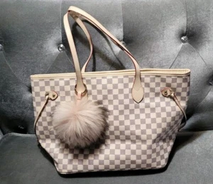 PINK DAISY ROSE Cream/Brown Check Tote Matching Pouch Fur Ball Purse Charm, EUC - Picture 1 of 15