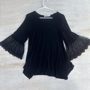 Origami Bluse 3/4 Spitze Glockenärmel Damen Gr. M Rundhals Oberteil Boho Witchcore - Bild 1 von 20