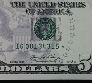LOW PRINT $5 2006 GEM CU Star Federal Reserve Note IG00134315* five dollar Run 1 - Picture 1 of 3