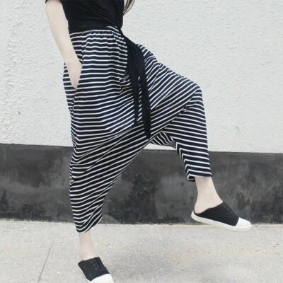 Womens Black & White Stripe Drop Crotch Harem Pants Trousers Elastic Waist - Imagem 1 de 4