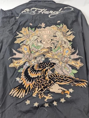 Camisa Ed Hardy Para Hombre Grande Negra Botón Calavera Águila Bordada Estrás Y2k Foto 1 de 4