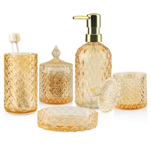 5Pcs Clear Gold Bathroom Accessories Set,Glass Bathroom Accessory Set, Bathro... - Foto 1 di 7