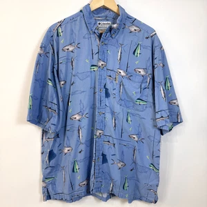 Camisa con botones de manga corta estampado de peces Columbia para hombre grande azul con un bolsillo - Imagen 1 de 8