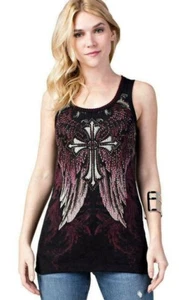 Camiseta sin mangas VOCAL Western SEXY NEGRA SM-XL CROSS acanalada harley biker rocker bling - Imagen 1 de 4