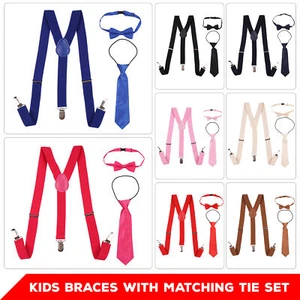 Kids Boys Girls Matching Elastic Braces Suspenders And Bow Tie Set Wedding Gift - Picture 1 of 38