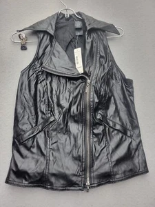 Bisou Bisou Women Vest Medium Black Biker Short Zipped Pockets Lapel Asym - Picture 1 of 15