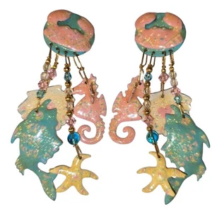 LUNCH AT THE RITZ SEA LIFE DANGLE CLIP EARRINGS - SHELL, FISH, SEA HORSE - Picture 1 of 4