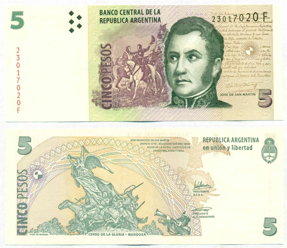 ARGENTINA NOTE 5 PESOS (2010) REDRADO-COBOS SUFFIX F B# 3325 P 353 UNC - Image 1 of 1