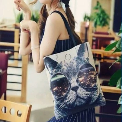 3D Printed Cute Glasses Cat Tote Bag Shopping Bag Handbag  - Image 1 of 4
