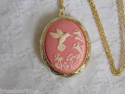 Wedding Pink Hummingbird Bird Locket Necklace Anniversary Photo Memory Box Gold - Image 1 of 4