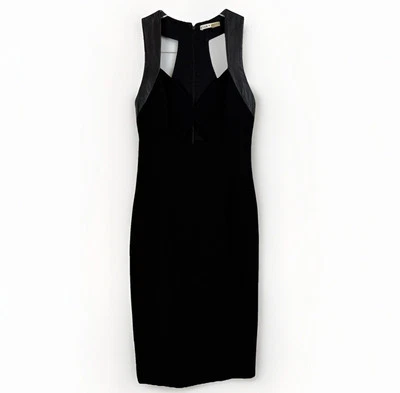 Alice + Olivia Hera Midi Dress Lamb Leather Trim Cutout Women 2 Y-Back Black - Image 1 of 4