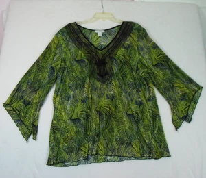 Dressbarn Accordion Beaded Blouse Tunic, Green and Black, Womens Size 2X - Picture 1 of 11