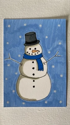 Оригинальный акриловый маркер и ручка ACEO Snowman от Heather Lehto 2,5 x 3,5 дюйма - Изображение 1 из 2
