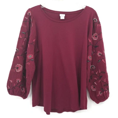 Chico's Top Tejido Manga Gasa Floral Talla 2 (L) Granate Bordado Hilo Plata Foto 1 de 4