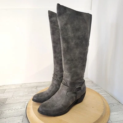 Botas hasta la rodilla occidentales gris talladas con volantes arnés hebilla envejecida para mujer 6,5 M F8 Foto 1 de 4