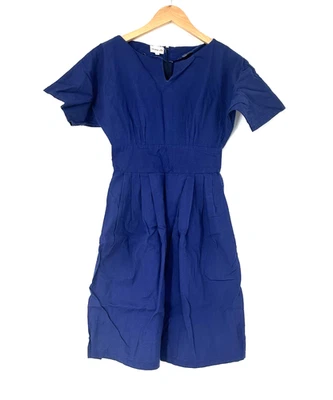 Vestido Smoking Lily A Line tamanho pequeno azul manga curta gola dividida algodão linho - Imagem 1 de 4