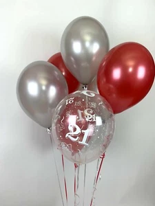 30 Red, Silver and 21st Aged Range Pearlised Latex Balloons with Curling Ribbon - Picture 1 of 1