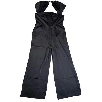 OLd 海军蓝缎面修身喇叭露背裁剪连身裤黑色女式大号 — 第 1/4 张图片