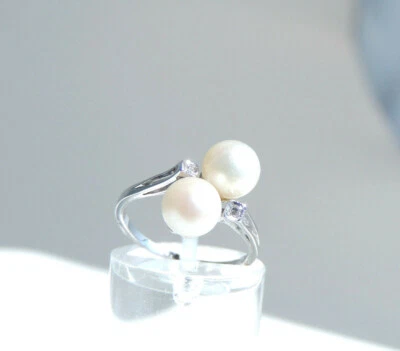 Damenring 750er Weißgold - mit Perlen und weiße Saphire im Altschiff, Gr. 51 - Bild 1 von 4