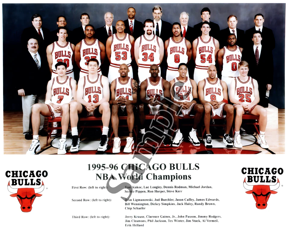 1995-96 Campeones del Mundo de la NBA Chicago Bulls Equipo Foto con Nombres 8 X 10 Foto Foto 1 de 1