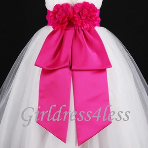 Fuchsia Sash Wedding Flower Girl Dress Bow S M L 12M 18M 24M 2 3/4 5/6 8 10 12 - Picture 1 of 1