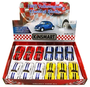 1967 VOLKSWAGEN CLASSIC BEETLE W/STRIPES DIECAST CAR BOX OF 12 1/32 ASSORTED - Picture 1 of 5