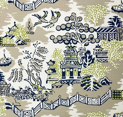 THIBAUT LUZON NAVY BLUE ON BEIGE ASIAN TOILE MULTIUSE LINEN FABRIC BY YARD 54"W - Image 1 of 4
