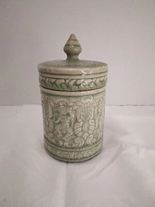 Thai Celadon Crackle Signed Stoneware Jar Finial Lid Vintage 6" Tall  - Picture 1 of 6