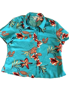 Style & Co Collection Turquoise Blue Short Sleeve Floral Blouse Women Size 16 - Picture 1 of 13