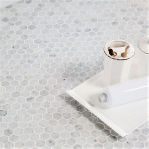 Mosaic Tiles Sheet Hexagon White Carrara Effect Glass for Walls Floors Bathrooms