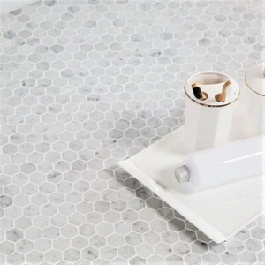 Mosaic Tiles Sheet Hexagon White Carrara Effect Glass for Walls Floors Bathrooms - Picture 1 of 9