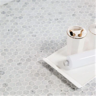 Venice Mosaic Tiles Sheet Hexagon White Carrara Effect Glass for Walls Floors - Image 1 of 4