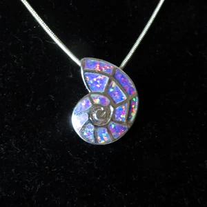 Silver Seashell Pendant Faux Rainbow Fire Opal  ~ 20" Necklace ~ New Old Stock - Picture 1 of 6