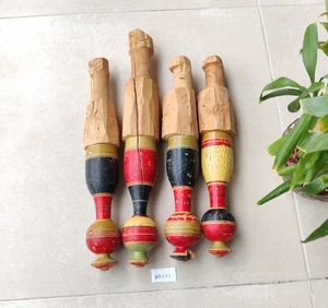 Antique Wooden Lacquered Wall Hand-Carved Coat Hanger Boho Rustic Peg Hooks 4Pcs - Picture 1 of 6