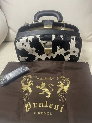 ITALY PRATESI  BLACK COW LEATHER CALF HAIR  LADY DOCTOR STYLE SATCHEL NEW HTF - Image 1 of 4