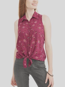 No Boundaries Juniors' Floral Tie Front Woven Tank, Burgundy, Medium (7-9) - Picture 1 of 3