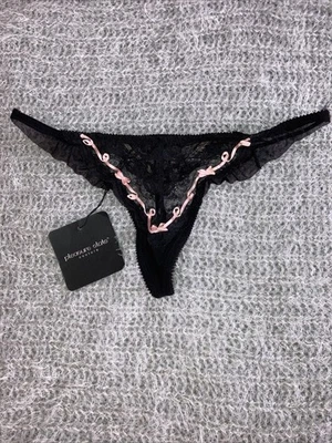 Pleasure State Black Lace Double String Pink Ribbon Bow Thong Panties S New - Image 1 of 4