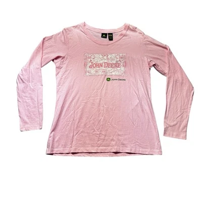 John Deere Pink Floral Logo Long Sleeve Graphic Tee Cotton Girls XL (15/17) - Image 1 of 4