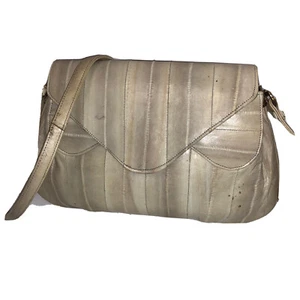 Vtg 80's Genuine Eel Skin Hand Bag Natural Bone Ivory Evening Shoulder Purse - Picture 1 of 12