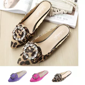 Leopard Suede Rhinestone Mule Comfort Flats Chic Soft Walking Purple Women Shoes - Picture 1 of 26