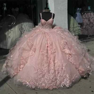 Cute Pink Princess Ball Gown Quinceanera Dress Puffy Crystal Appliques Birthday - Picture 1 of 6