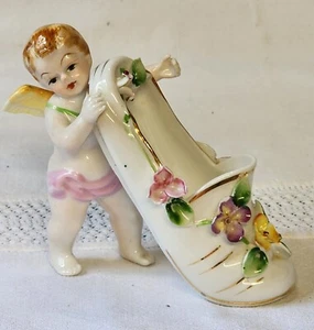 Vintage glass Shoe Angel Gold Gilding applied Flowers Mint China made Japan - Picture 1 of 7