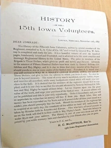 15th IOWA VOLUNTEERS PAPER FROM IOWA REGIMENTAL ASSOCIATION 1887 - Imagen 1 de 3