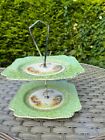 Vintage 2 Tier ceramic cake stand - Green & Gold with Country scene