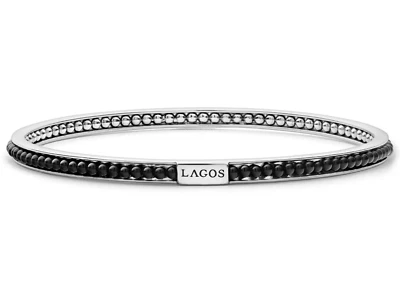 NEW LAGOS Caviar Icon 925 STERLING SILVER ONYX Bead BANGLE Bracelet Size S - Image 1 of 4