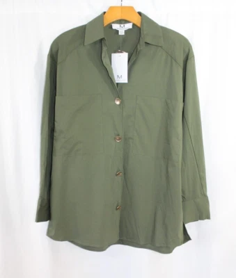 Nuevo con etiquetas Magaschoni verde manga larga mezcla de algodón abotonada XS Foto 1 de 4