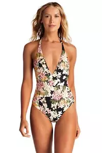Vitamin A Wom Black Ecolux Bianca Bodysuit One Piece Plunge Halter Swimsuit 8 - Picture 1 of 1