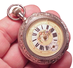 VINTAGE 45MM SILVER CASE COLORED DIAL FANCY ENGRAVED MOVEMENT POCKET WATCH FIXIT - Picture 1 of 12